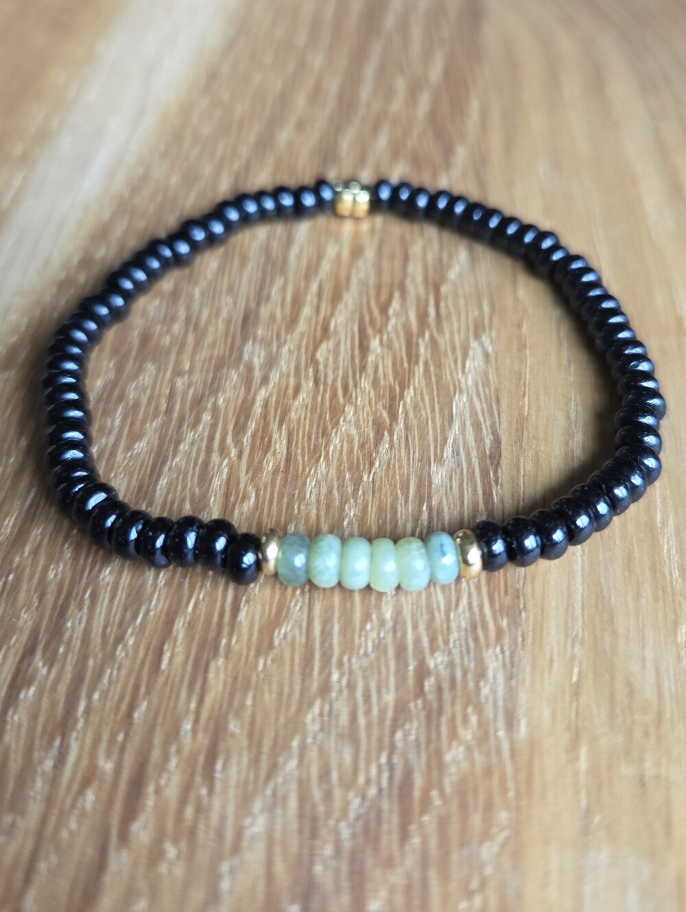 Black Obsidian & Green Jade Beaded Stretch Bracelet | Handmade